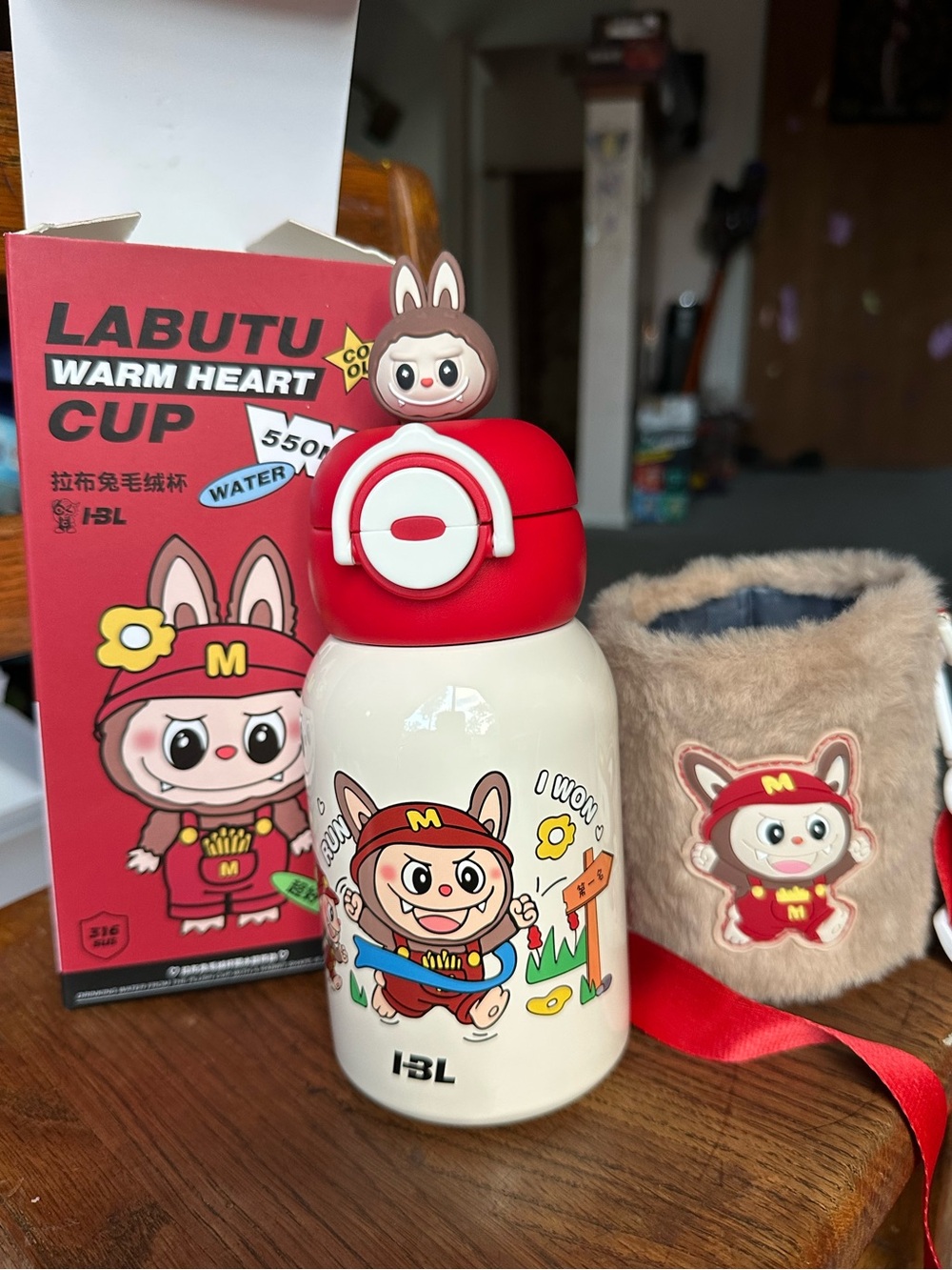 LABUTU Red Stainless WATER Bottle Cup with Fur Sleeve‼️LATEST‼️Very CUTE